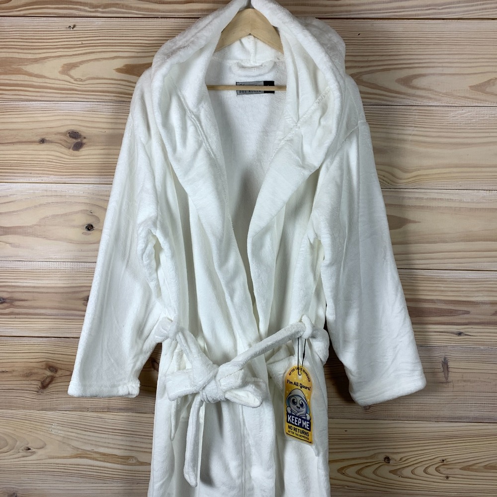Alexander Del Rossa Robe Adult Large Spa Hooded‎ Pockets White Fleece Plush Cozy